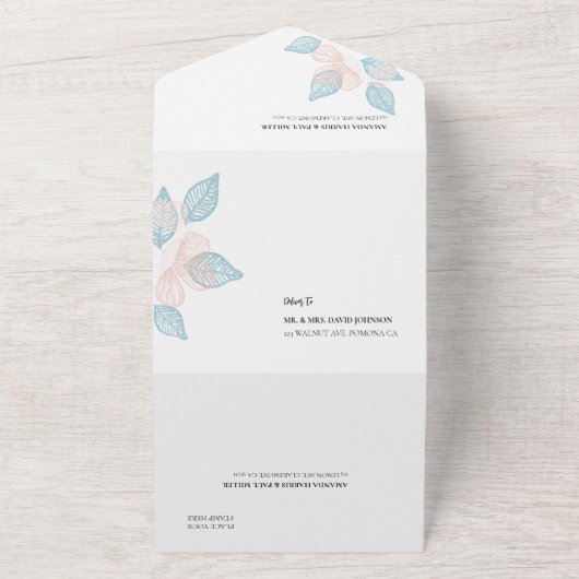 Minimale bloemige all-in-one trouwuitnodiging all in one uitnodiging (Buitenkant)