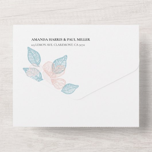 Minimale bloemige all-in-one trouwuitnodiging all in one uitnodiging (Achterkant)