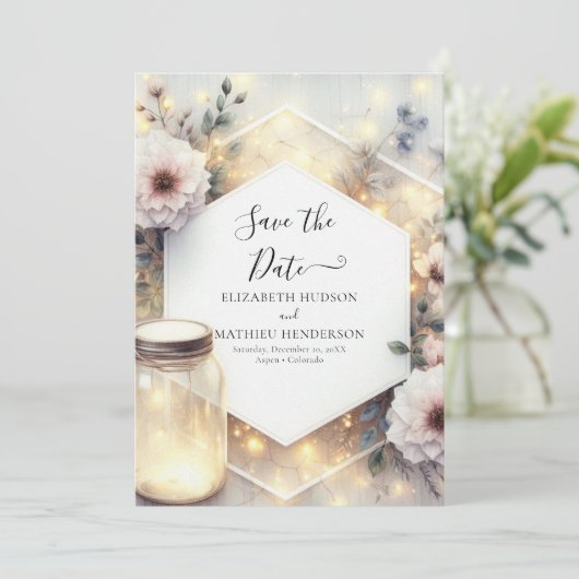 Minimale Bloom Mason Jar bruiloft Save The Date (Staand voorkant)