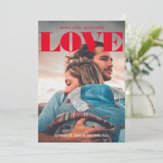 Minimale blote rode foto save the date (Staand voorkant)