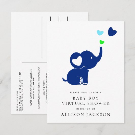 Minimale Blue Elephant Baby Boy Virtuele douche Uitnodiging Briefkaart (Voorkant / Achterkant)