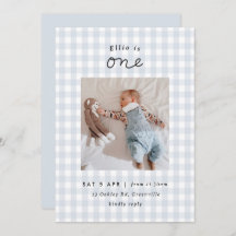Minimale Blue Gingham Foto 1st Birthday Uitnodigin