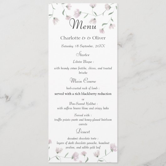 Minimale Blush Bloemige Elegante Trouwmenu Sjabloo Menu (Voorkant)