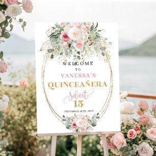 Minimale Blush en Gouden Quinceañera Welkom Poster