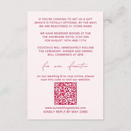 Minimale Blush Pink Details Kaart & RSVP QR Code (Achterkant)
