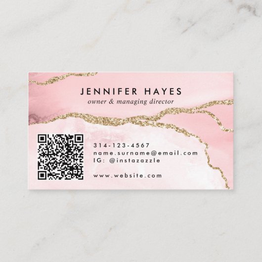 Minimale Blush Pink Gold Glitter Marble Agate QR Visitekaartje (Achterkant)