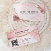 Minimale Blush Pink Gold Glitter Marble Agate QR Visitekaartje