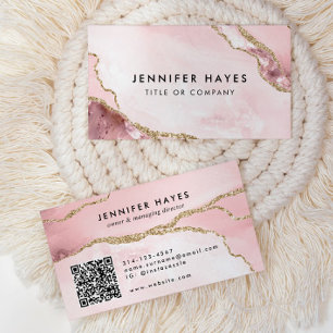 Minimale Blush Pink Gold Glitter Marble Agate QR Visitekaartje