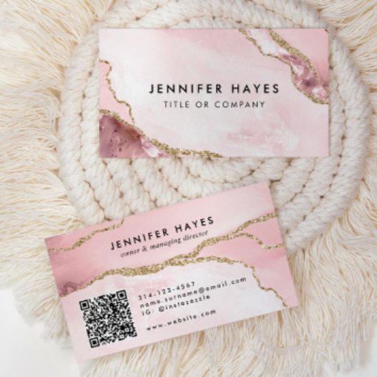 Minimale Blush Pink Gold Glitter Marble Agate QR Visitekaartje