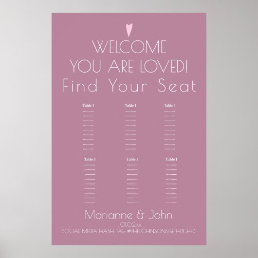 Minimale Blush Pink Heart Wedding Seating Chart Poster (Voorkant)