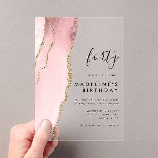 Minimale Blush Roze Agate Geode 40th Birthday Acryl Uitnodigingen (Insitu (Draagbaar))