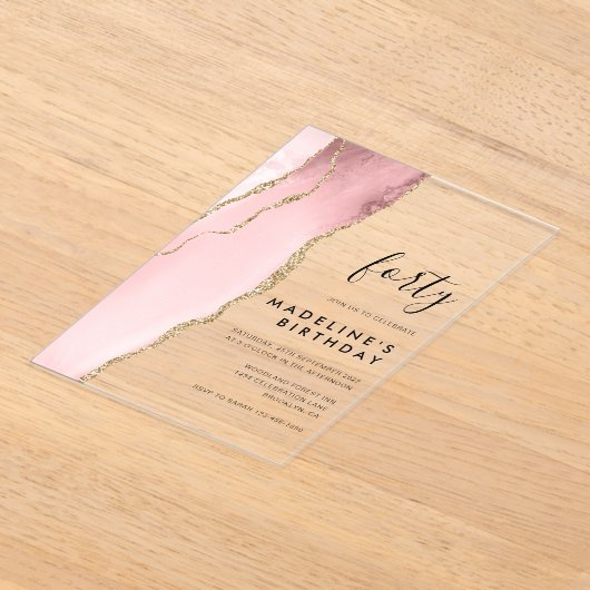 Minimale Blush Roze Agate Geode 40th Birthday Acryl Uitnodigingen (Laagn)