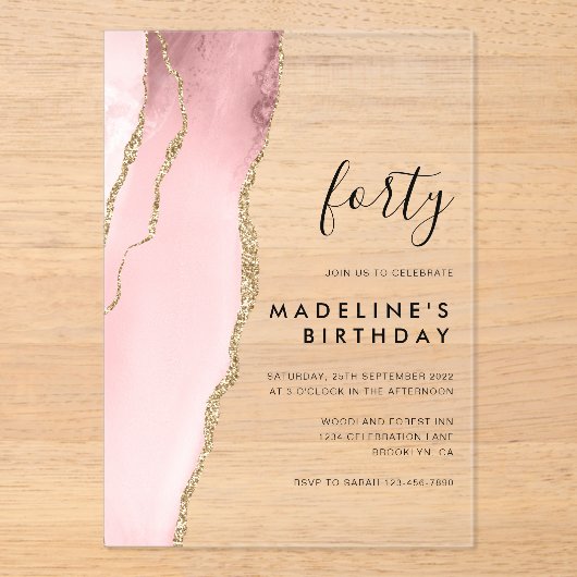 Minimale Blush Roze Agate Geode 40th Birthday Acryl Uitnodigingen (Voorkant)