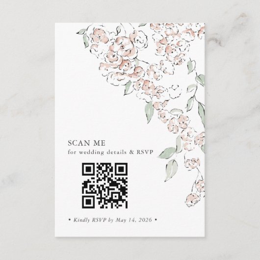 Minimale Blush Roze Bloemencode QR Code Trouw RSVP Informatiekaartje (Voorkant)