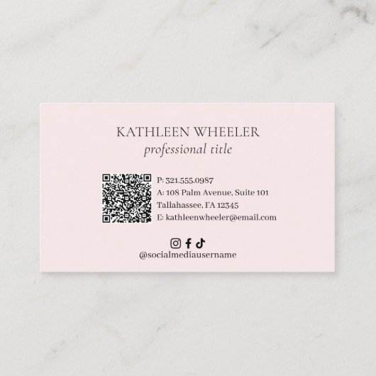 Minimale Blush Roze Eenvoudige QR Code Elegant Mod Visitekaartje (Achterkant)