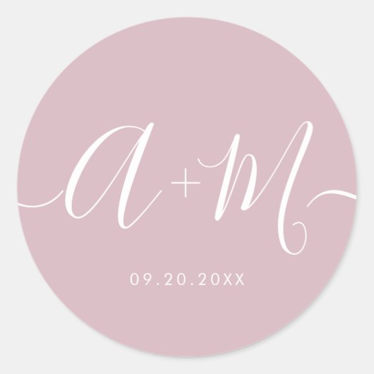 Minimale blush roze Monogram Script Wedding Ronde Sticker (Voorkant)