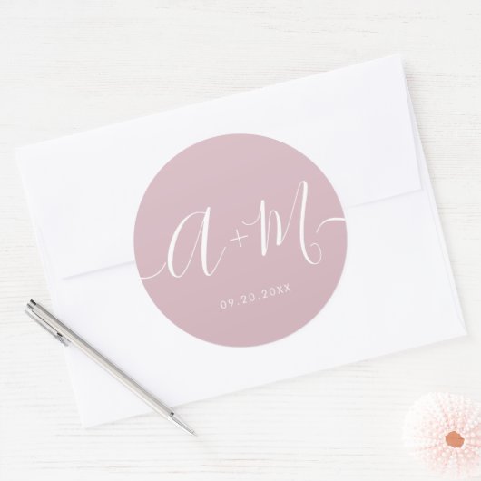 Minimale blush roze Monogram Script Wedding Ronde Sticker (Envelop)