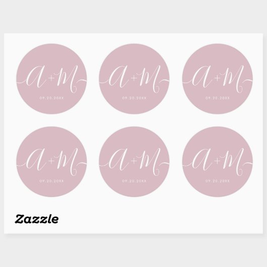 Minimale blush roze Monogram Script Wedding Ronde Sticker (Vel)