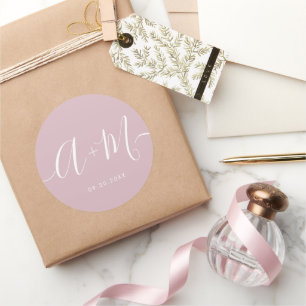 Minimale blush roze Monogram Script Wedding Ronde Sticker