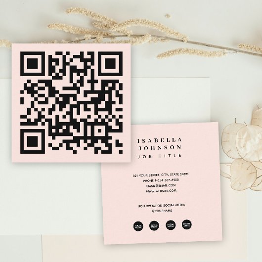 Minimale Blush Roze QR Code Social Media Iconen Vierkante Visitekaartje