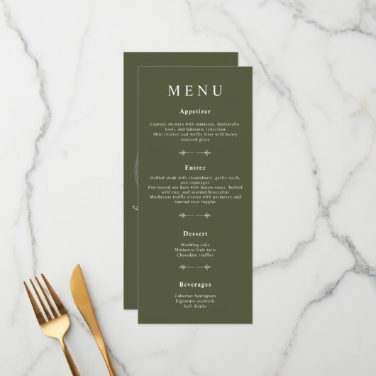 Minimale Bohemen Olive Green Wedding Menus Menu (Voorkant / Achterkant in situ)