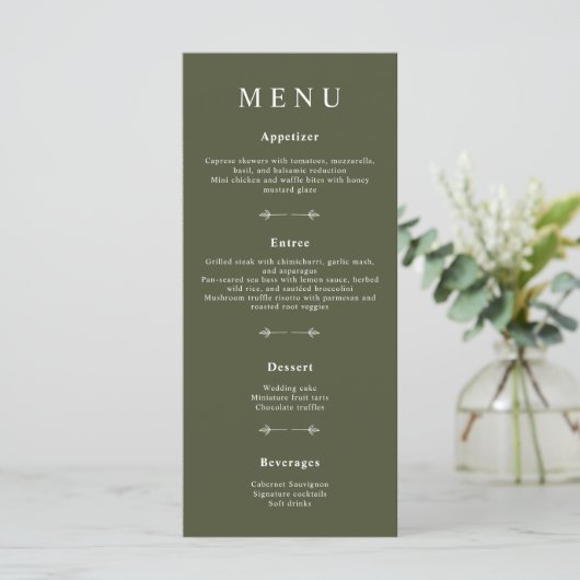 Minimale Bohemen Olive Green Wedding Menus Menu (Staand voorkant)