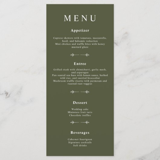Minimale Bohemen Olive Green Wedding Menus Menu (Voorkant)