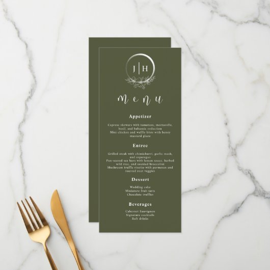 Minimale Bohemen Olive Green Wedding Menus Menu (Voorkant / Achterkant in situ)