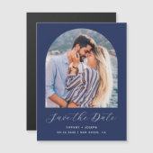 Minimale Boho Arch Foto Marine Blauw Script Magnetische Uitnodiging (Voorkant / Achterkant)