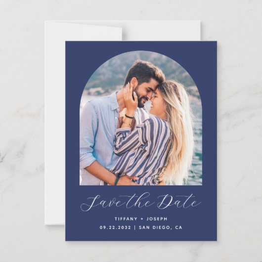 Minimale Boho Arch Foto Marine Blauw Script Magnetische Uitnodiging (Voorkant)