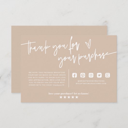 Minimale Boho Beige Earth Dank u Invoegen pakket  Informatiekaartje (Voorkant / Achterkant)