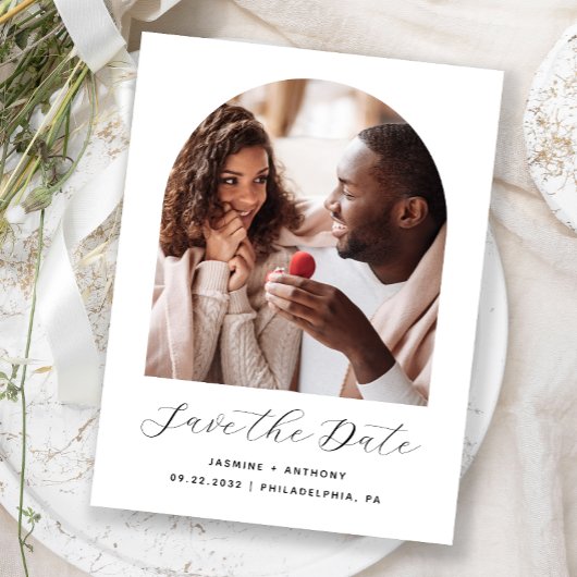 Minimale Boho Foto Boog Zwart Wit Save the Date Briefkaart
