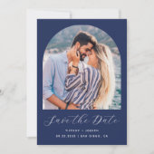 Minimale Boho-fotoboog Navyblauw Schrift Save The Date (Voorkant)