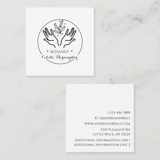 Minimale boho-hand en -bladeren Botanist Logo Squa Vierkante Visitekaartje (Voorkant / Achterkant)