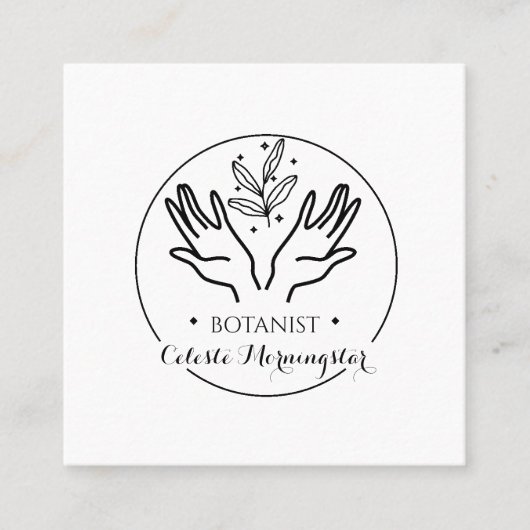 Minimale boho-hand en -bladeren Botanist Logo Squa Vierkante Visitekaartje (Voorkant)