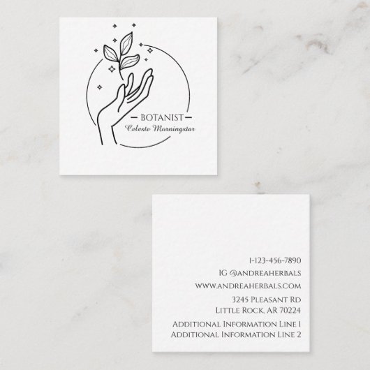 Minimale boho-hand en -bladeren botanist-Logo Vierkante Visitekaartje (Voorkant / Achterkant)