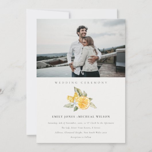Minimale Boho Lemon Foliage Photo Wedding Invite Bedankkaart (Voorkant)