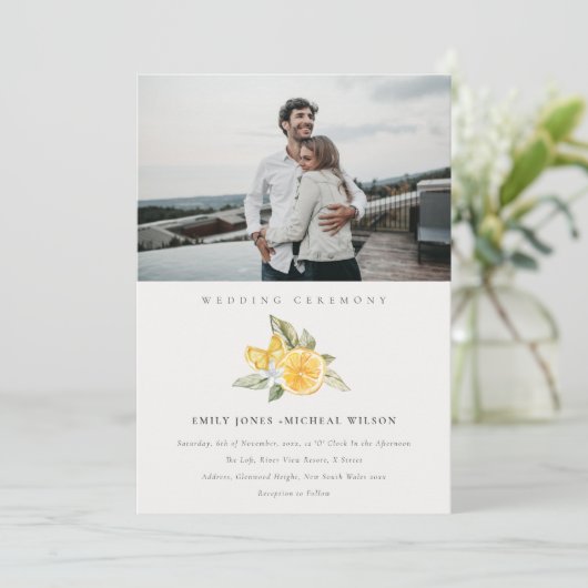 Minimale Boho Lemon Foliage Photo Wedding Invite Bedankkaart (Staand voorkant)