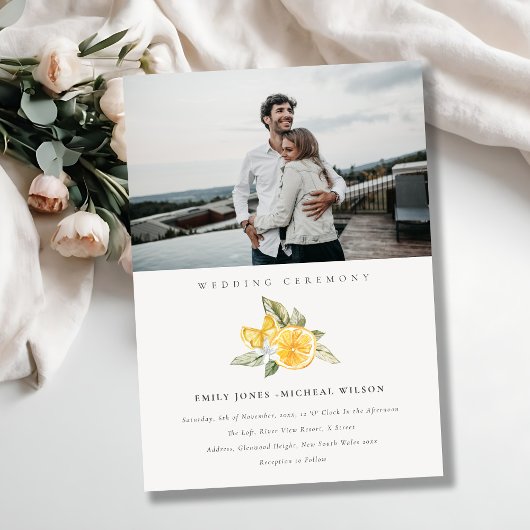 Minimale Boho Lemon Foliage Photo Wedding Invite Bedankkaart