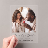 Minimale Boho Photo Arch Black Script De datum ops Acryl Uitnodigingen (Insitu (Draagbaar))