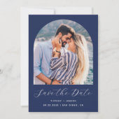 Minimale Boho Photo Arch Navy Blue Script Save The Date (Voorkant)