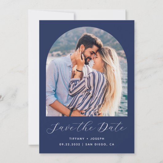 Minimale Boho Photo Arch Navy Blue Script Save The Date (Voorkant)