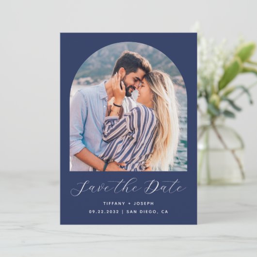 Minimale Boho Photo Arch Navy Blue Script Save The Date (Staand voorkant)