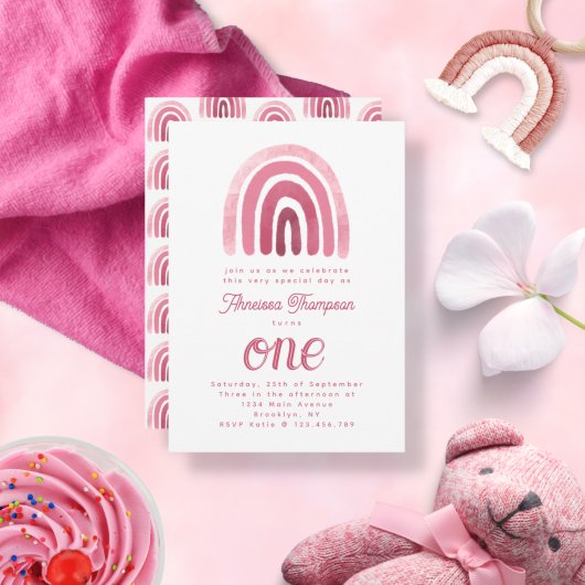 Minimale Boho Pink Rainbow First Birthday Kaart