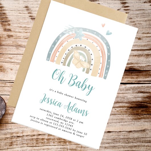 Minimale Boho Rainbow Oh Baby Baby shower Kaart