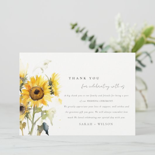 Minimale Boho Watercolor Zonnebloem Rustieke Bruil Bedankkaart (Staand voorkant)