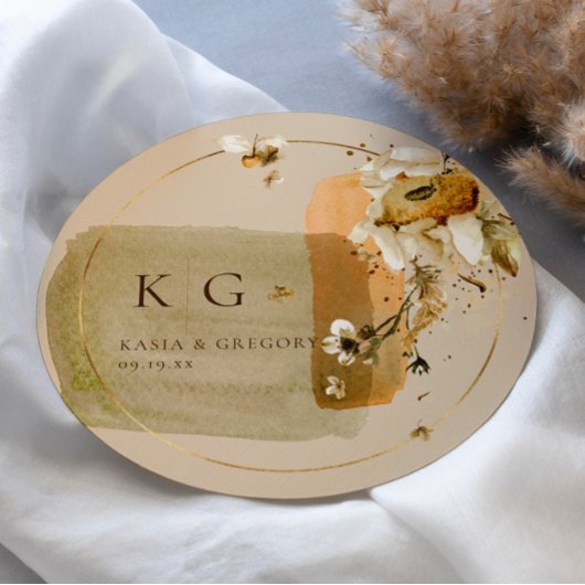 Minimale Boho Wildflower | Bruiloft Monogram Ronde Sticker