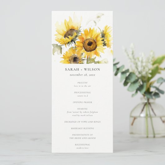 Minimale Boho Zonnebloem Rustieke Trouwprogramma Kaart (Staand voorkant)