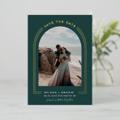 Minimale boog bespaart de datum Emerald Green Folie Uitnodiging (Staand Voorkant)