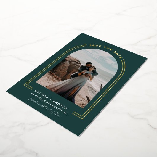 Minimale boog bespaart de datum Emerald Green Folie Uitnodiging (Gedraaid)